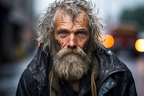 An Elderly Man With Disheveled Hair On The Street Without A Home Premium Ai Generated Image