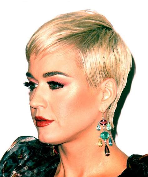 Katy Perry Blonde Pixie Haircut With Blunt Cut Bangs