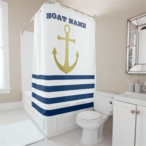 Nautical Boat Name Gold Anchor Navy Blue Stripes Shower Curtain Zazzle