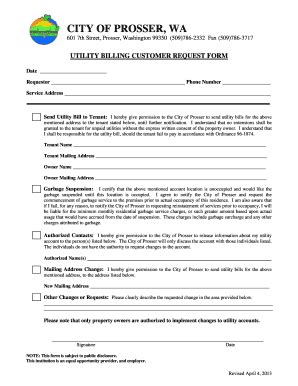 Fillable Online Utility Billing Customer Request Form City Of Prosser