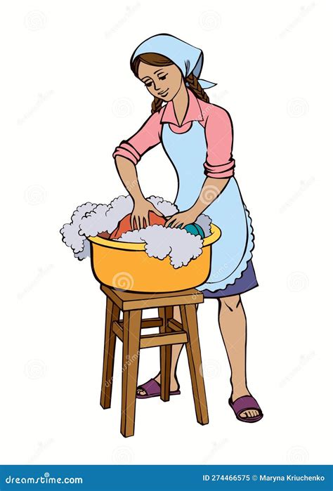 Vector Drawing Girl Washing Clothes In A Basin Stock Illustration