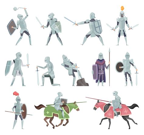 Caballeros Personajes De Armadura De Batalla Medieval Cruzados Dibujos Animados De Vector De