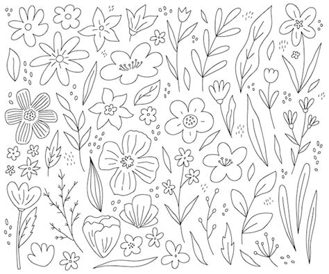 Große doodle reihe von frühlingsblumen zweigen und blättern isoliert