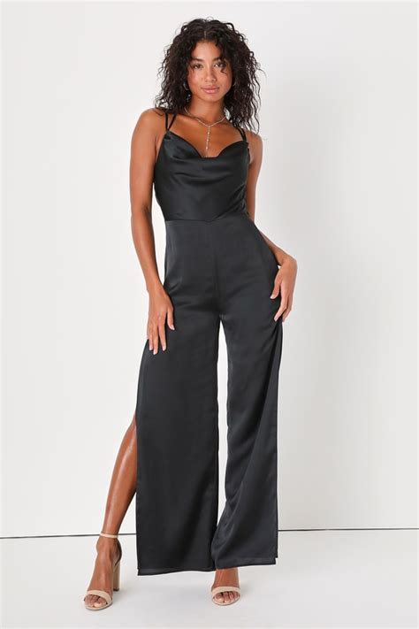 Black Jumpsuit Split Leg Jumpsuit Satin Backless Jumpsuit Lulus