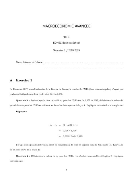 Macro Appro Td S Correction Macroeconomie Avancee Td Edhec