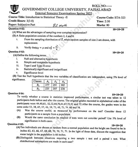 Sta 323 Introduction To Statistical Theory Ii Bs Math Gcuf Past Paper