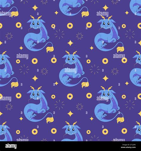 Seamless Pattern Chinese Dragon Red Cute 2024 Blue Vector Cartoon Illustration On White