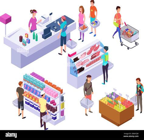 Isometric Grocery Store D Supermarket Interior With Shopping People