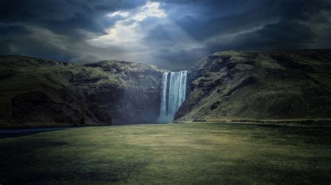 Wallpaper 1920x1080 Px Clouds Skogafoss Sky Sunbeams Waterfall