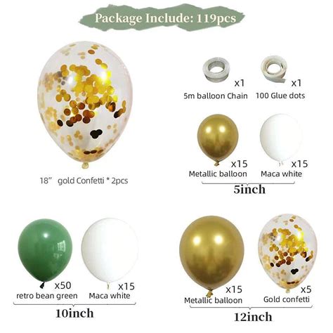 119 Pcs Olive Green Balloon Garland Arch Kit White Gold Confetti