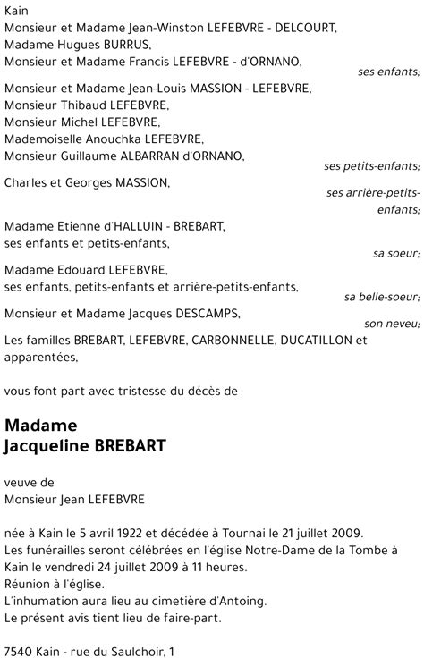 Avis De Décès De Jacqueline Brebart Décédé Le 21 07 2009 à Tournai