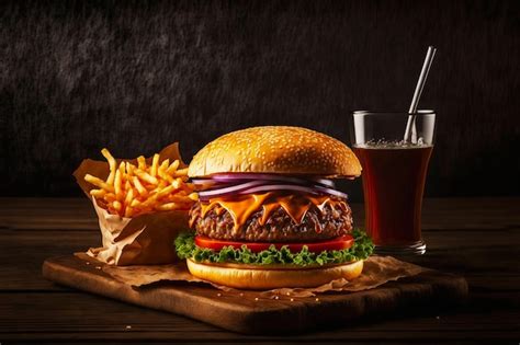 Tablero De Madera Rectangular Con Juego De Hamburguesas Y Papas Fritas