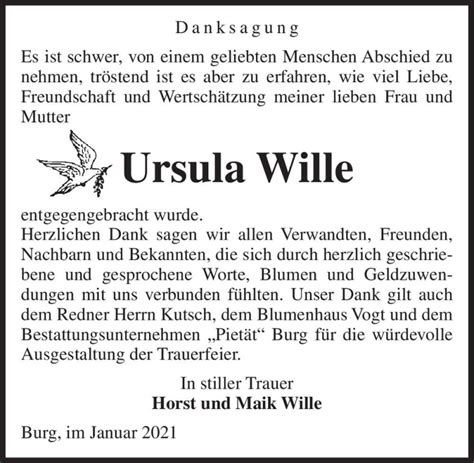 Traueranzeigen Von Ursula Wille Abschied Nehmen De