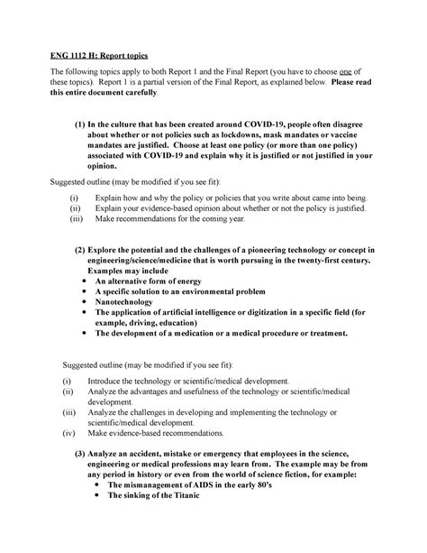 Eng H Report Instructions Eng H Report Topics The Following