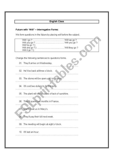 English Worksheets Future With “will”