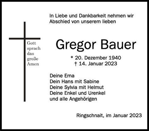 Traueranzeigen Von Gregor Bauer Schwaebische De Trauerportal