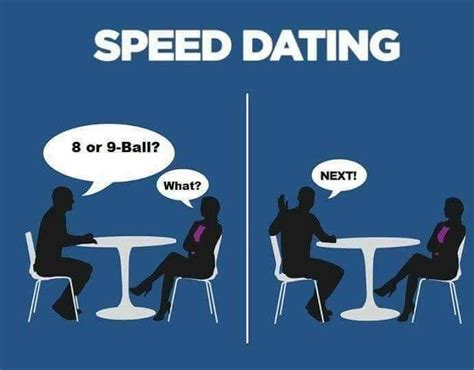 Two People Sitting At A Table With Speech Bubbles Above Them That Say Speed Dating 8 Or 9 Ball