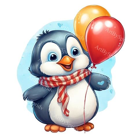 A Cartoon Penguin Holding A Red Balloon And Wearing A Scarf On It S Head