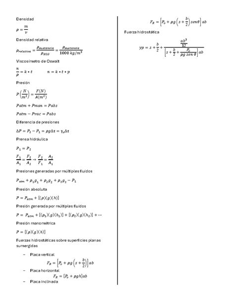 Formulario Mecanica de fluidos Densidad 𝜌 𝑚 𝑣 Densidad relativa 𝜌