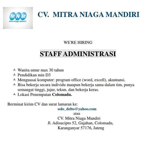 Lowongan Kerja Staff Administrasi CV Mitra Niaga Mandiri INFO LOKER SOLO