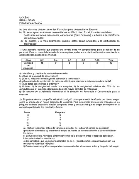 2 Examen Parcial estadisticas Estadística Aplicada UCASAL Studocu