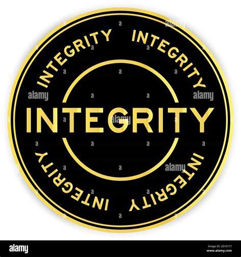 Black and gold color round sticker with word integrity on white ...