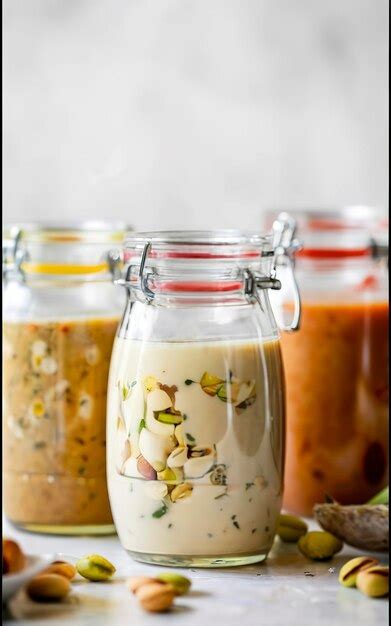 Premium Photo Different Types Of Sauces In Glass Jars With Pistachios