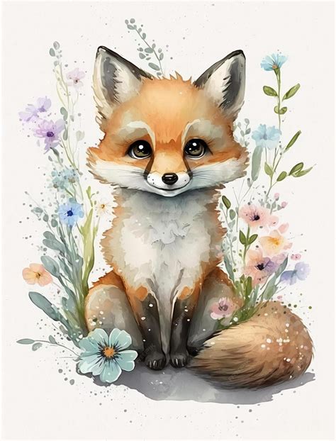 Premium AI Image | A watercolor painting of a fox sitting in flowers.