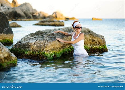 Beautiful Woman Splashing In The Sea Stock Image Image Of Relax Blue