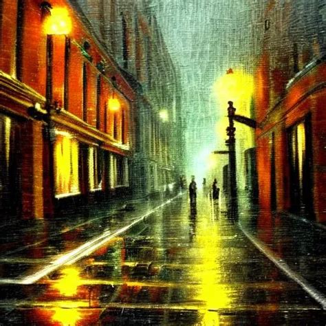 Down Town Street On Dark Heavy Rainy Night Impressi OpenArt