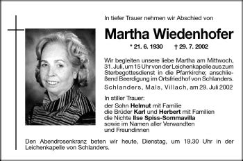 Traueranzeigen Von Martha Wiedenhofer Trauer Bz