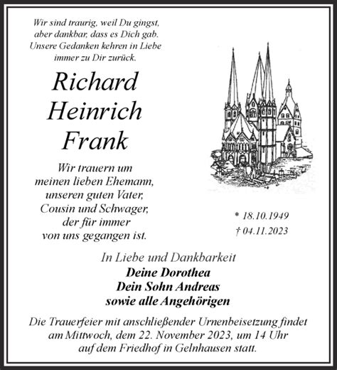 Traueranzeigen Von Richard Heinrich Frank Trauer Gnz De