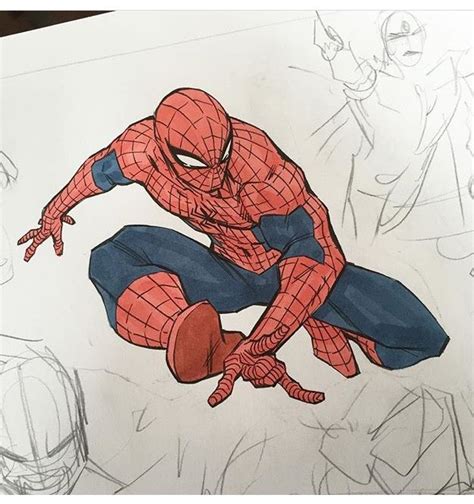 A Drawing Of A Spider Man Jumping In The Air With His Hands On His Hips