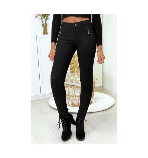 Pantalon Slim Noir En Strech Avec Zip Et Su Dine Pantalon Femme Pas Cher