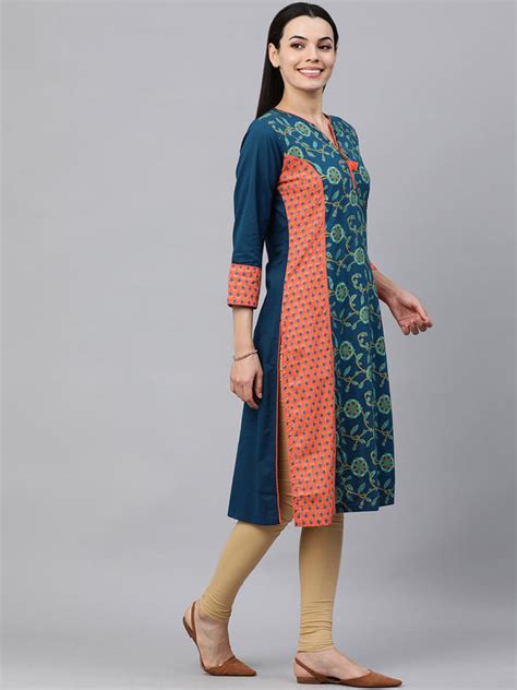 Description Kalini Women Navy Blue Orange Ethnic Printed Pure Cotton