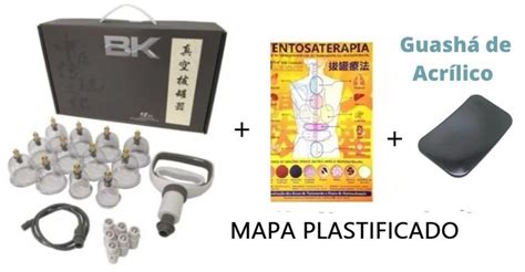 Kit Ventosa Bk Copos Mapa Ventosaterapia Plastificado