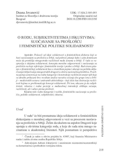 Pdf O Rodu Subjektivitetima I Iskustvima Suo Avanje Sa