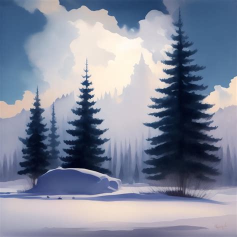 Uma pintura de uma paisagem de neve árvores e um carro coberto de