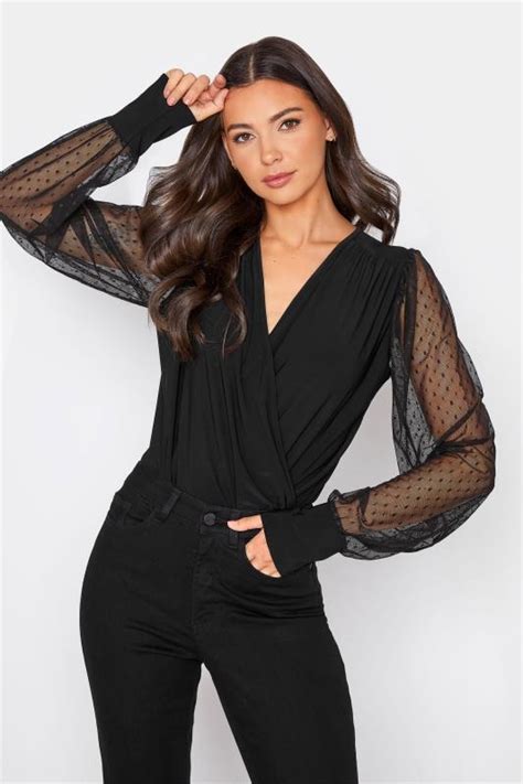 Tall Women S LTS Black Spot Mesh Sleeve Bodysuit Long Tall Sally