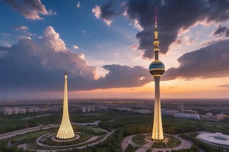 Tashkent Tv Tower Landmark At Sunset Under Cloudy Sky Premium Ai