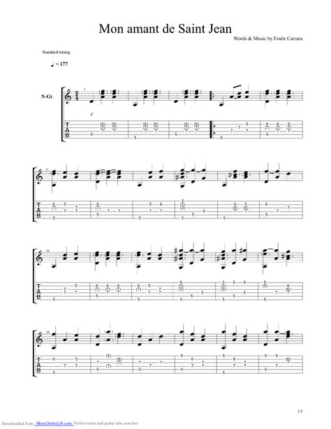 Mon Amant De Saint Jean Guitar Pro Tab By Carrara Emile Musicnoteslib