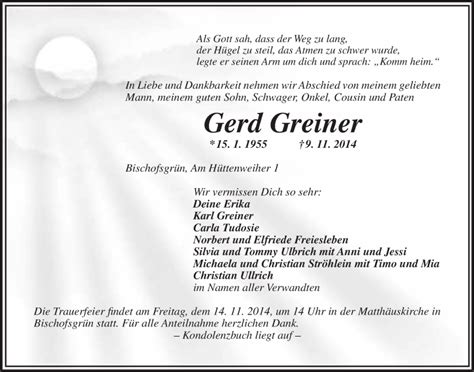 Traueranzeigen Von Gerd Greiner Nordbayerischer Kurier