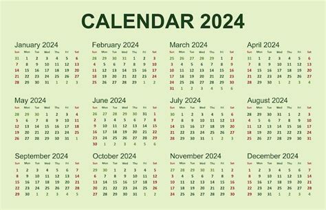 Calendario Para 2024 Tema Verde Vector Premium