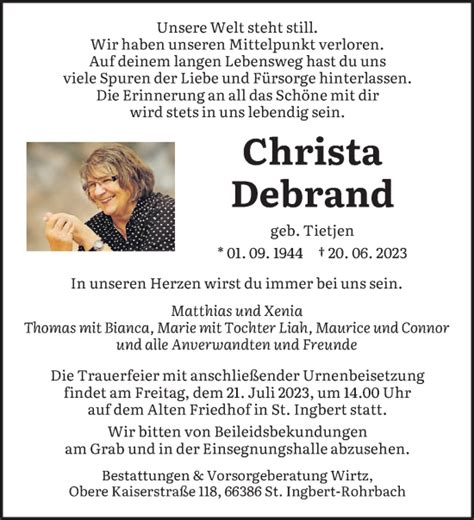 Traueranzeigen Von Christa Debrand Saarbruecker Zeitung Trauer De