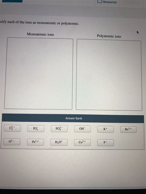 Solved Resources Sify Each Of The Ions As Monoatomic Or Chegg