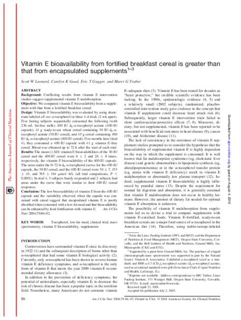 Pdf Vitamin E Bioavailability From Fortified Breakfast Cereal Is