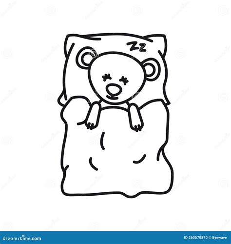 Teddy Bear Sleeping On Pillow And Under Blanket Isolated Vector Line