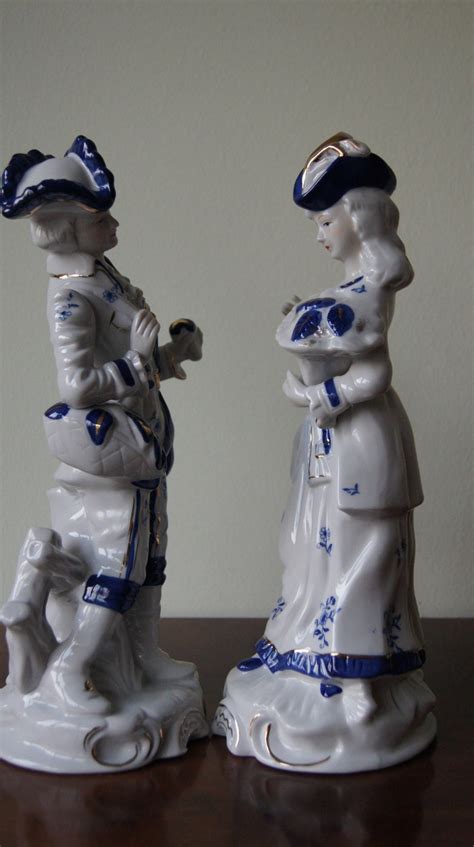 Pair Blue White Porcelain Figurines Lady And Gentleman Etsy