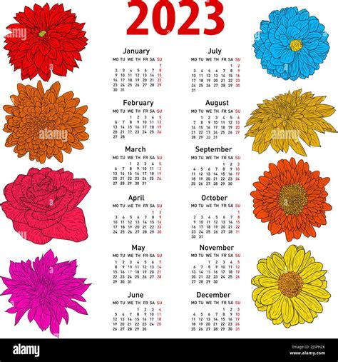 Stylish Calendar With Flowers For 2023 Week Sundays First Stock Vector