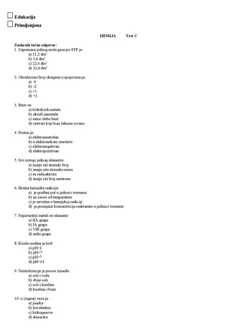Hemija Test C Sa Tačnim Odgovorima Prirodno Matematički Fakultet